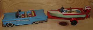 Vintage Haji Ford Convertible Speedo Boat & Trailer,  Tin Wind - Up Toy Japan