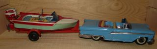 Vintage Haji Ford Convertible Speedo Boat & Trailer,  Tin Wind - up Toy Japan 2