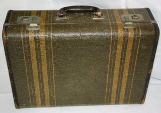 Tweed Hard Shell Striped Travel Suitcase Luggage 18 " W/key Vintage 1930s 1940s