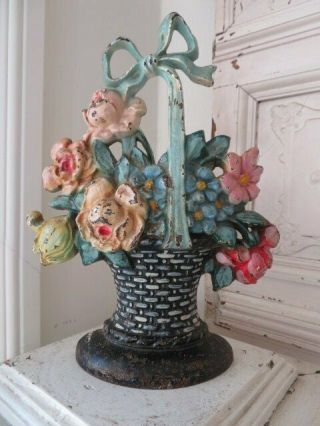 The Best Old Vintage Cast Iron Doorstop Basket Pink Roses Flowers Bow 10 " Tall