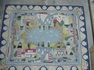 Vintage Claire Murray Hand Hooked Rug 49 " X 59 " Nautical,  Sailboats,  Lighthouse