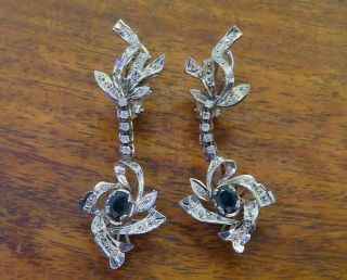 Vintage Palladium Art Deco No Heat Sapphire Diamond Chandelier Earrings Eb