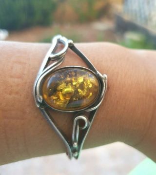Antique Ethnic Palestinian Sterling Silver 925 With Natural Amber Stone Bracelet