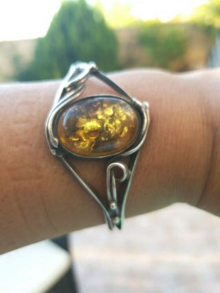 Antique Ethnic Palestinian Sterling Silver 925 With Natural Amber Stone Bracelet 2