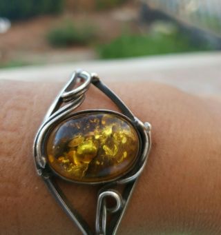 Antique Ethnic Palestinian Sterling Silver 925 With Natural Amber Stone Bracelet 3