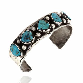 Vintage Navajo Handmade Stamped Sterling Silver Turquoise Cuff Bracelet