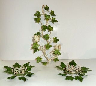 Lovely Vintage Mid Century Italian Ivy Wall Candle Sconce & 2 Table Holders