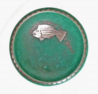Kåge,  Vintage 1940’s,  Argenta Gustavsberg Green Ceramic Bowl With Silver Inlay