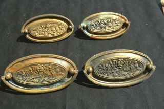 Set 4 Antique Stamped Brass Drawer Pulls Back Plates Bails Handles Roses C 1920s