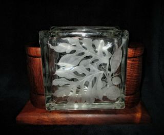 Hawaii Vintage Etched Glass Block Vase Ulu Koa Wood Stand Oda 5 3/4 " Sq 9 3/4 " L
