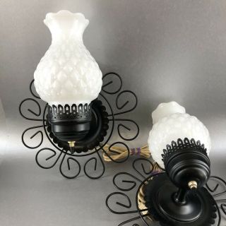 1 Of 2 Mcm Black Wire White Hurricane Lamp Hanging Wall Lamps Midcentury Vintage