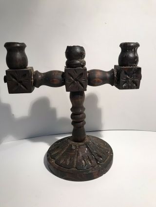 Vintage Primitive Wood Wooden Candelabra Candle Holder Gothic Medieval