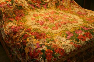 Gorgeous Vintage Italian Chenille Velvet Bed Spread Cherubs 87x 95 Italy