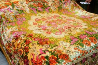 Gorgeous Vintage Italian Chenille Velvet Bed Spread Cherubs 87x 95 Italy 2