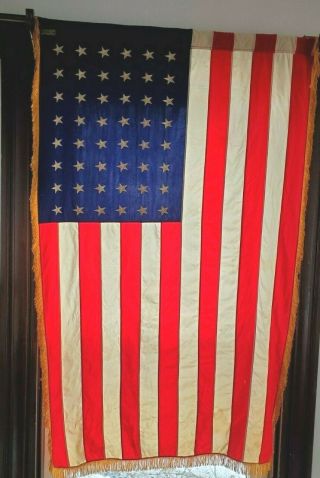 Vintage Wwii Era Fancy 48 Star Us American Flag With Gold Fringe