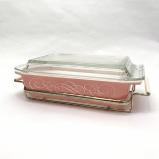 Vintage Pyrex Pink Scroll 2qt Space Saver Casserole Dish 575 - B W/ Lid & Carrier