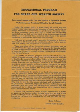 1935 Huey P.  Long Share Our Wealth Society - Educational Program Flyer