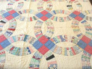 Vintage Double Wedding Ring Quilt Feedsack Hand Stitched Scalloped Edge 90 X 68