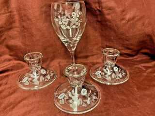 Avon Hummingbird Wine And 3 Candle Holders By Fostoria Glass