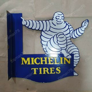 Michelin Tires Flange 2 Sided Vintage Porcelain Sign 20 X 18 Inches