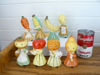 Eight (8) Vintage Napco Anthropomorphic Salt Pepper Shakers Tomato,  Banana Etc