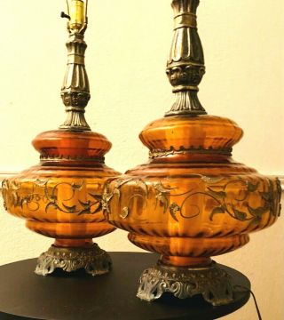 Pair Antique/vtg Mcm Mid Century Modern Amber Glass Brass Art Globe Table Lamps