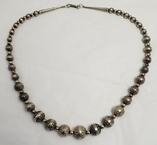 Vintage Native American Navajo Sterling Silver Stamped Bead Graduating Necklace