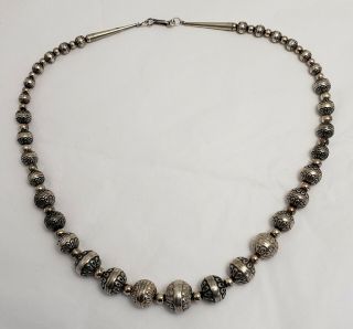 Vintage Native American Navajo Sterling Silver Stamped Bead Graduating Necklace 3
