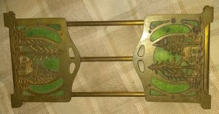 Vintage Art Nouveau Glass Cabin Forest Brass Adjustable Sliding Bookend Rack