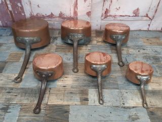 Vintage French Copper 6 Piece Saucepan Pot Set Heavy Duty Wrought Iron Handles