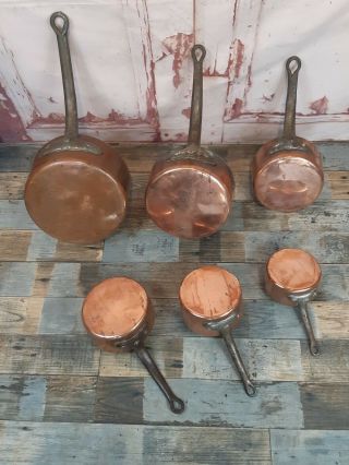 Vintage French Copper 6 Piece Saucepan Pot Set Heavy Duty Wrought Iron Handles 2