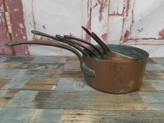 Vintage French Copper 6 Piece Saucepan Pot Set Heavy Duty Wrought Iron Handles 3