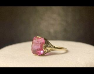 Vintage 10k Yellow Gold Ring With Ornate Design And Pink Quartz Size 6.  5
