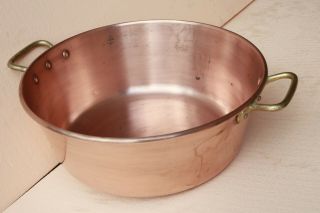 Vintage French Copper Jam Confiture Pan Rounded Rim Brass Handles 4.  4lbs 14.  8inc