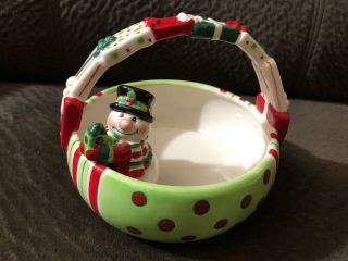Fitz And Floyd F&f Essentials Christmas Snowman Basket Bowl Decorative Pristine