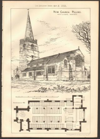 1883 Antique Print - Architecture - Lancashire - Church,  Pilling