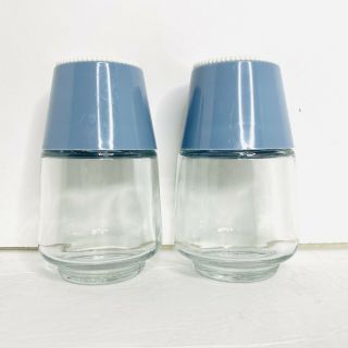Gemco Vintage Large Salt & Pepper Shakers Glass Blue/White Plastic Top USA 3