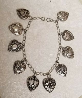 Vtg Sterling Silver Repousse Puffy Heart Charm Bracelet 10 Charms 15.  38 Grams