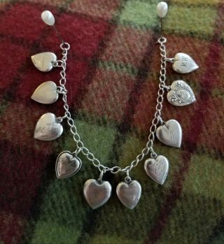 VTG STERLING SILVER REPOUSSE PUFFY HEART CHARM BRACELET 10 CHARMS 15.  38 GRAMS 2