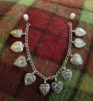 VTG STERLING SILVER REPOUSSE PUFFY HEART CHARM BRACELET 10 CHARMS 15.  38 GRAMS 3