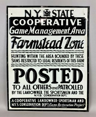 Nos Vintage N.  Y.  State Game Mgmt.  Farmstead Zone Posted No Hunting Tin Sign