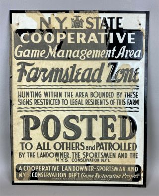 NOS Vintage N.  Y.  State Game Mgmt.  Farmstead Zone Posted No Hunting Tin Sign 2