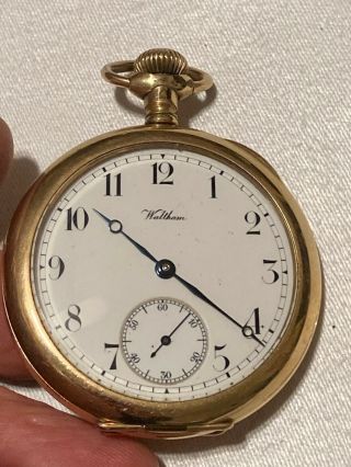 Vintage Waltham Traveler Pocket Watch 14k Gold Filled Dennison Case Open Face