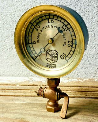 Dated April 1890: Large Vintage Brass Pressure Gauge,  Lunkenheimer Valve,  Steam