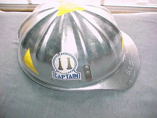 Vintage Aluminum Hard Hat With Fire Captain Rank 2 Logos On The Sides
