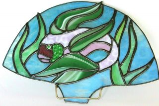 Vintage Stained Leaded Glass Fish Window Suncatcher Blue Green Purple 10.  5  X7 