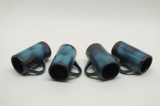 Vintage Set of Four Harding Black Blue Teal Glaze 6 inch Mugs 1970 2