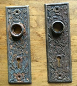 Pair Vintage Eastlake 5 3/4 " Door Knob Back Plates Antique Skeleton Key