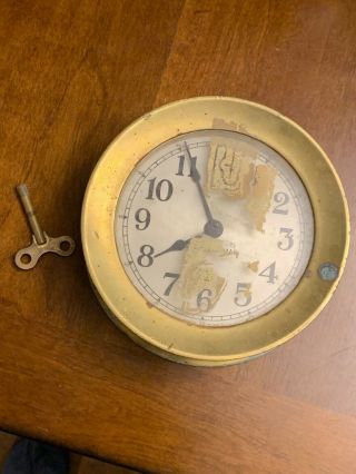 Vintage Seth Thomas Brass Ship Clock With Key 7 1/2 Inches Wide And 3 1/2 " Deep