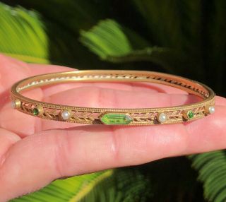 Antique Victorian Art Nouveau Gold Filled Peridot & Seed Pearl Bangle Bracelet